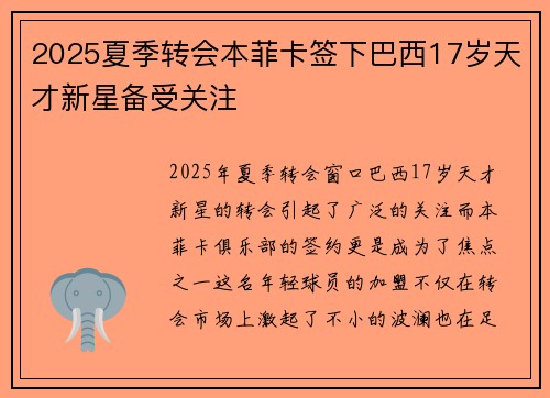 2025夏季转会本菲卡签下巴西17岁天才新星备受关注 2025夏季转会本菲卡签下巴西17岁天才新星备受关注