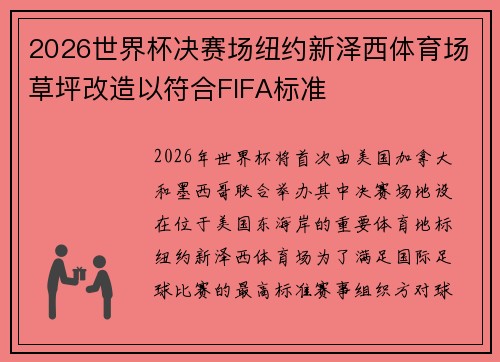 2026世界杯决赛场纽约新泽西体育场草坪改造以符合FIFA标准 2026世界杯决赛场纽约新泽西体育场草坪改造以符合FIFA标准